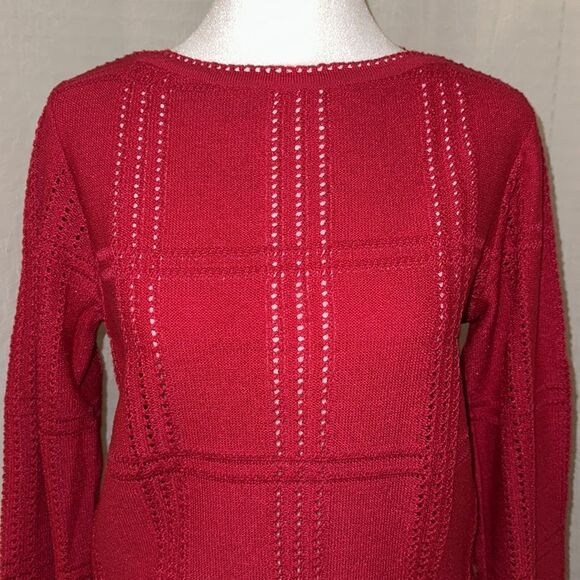 ILGWU S Cerise Pink Boatneck Reverse Knit Eyelet Pullover Sweater Crochet Trim - Picture 3 of 11